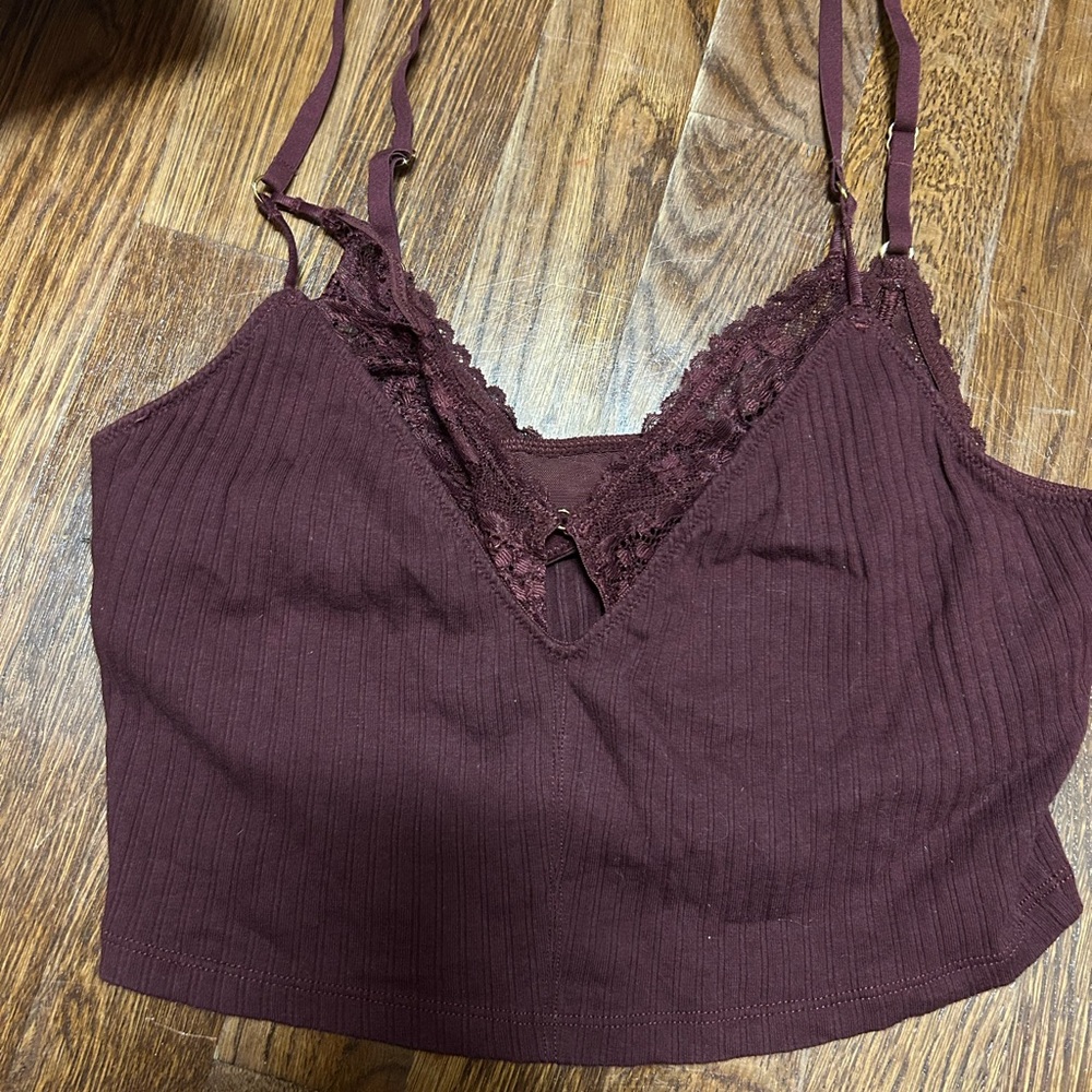 American Eagle Outfitters Aerie Ribbed Lace Bra Top Burgundy